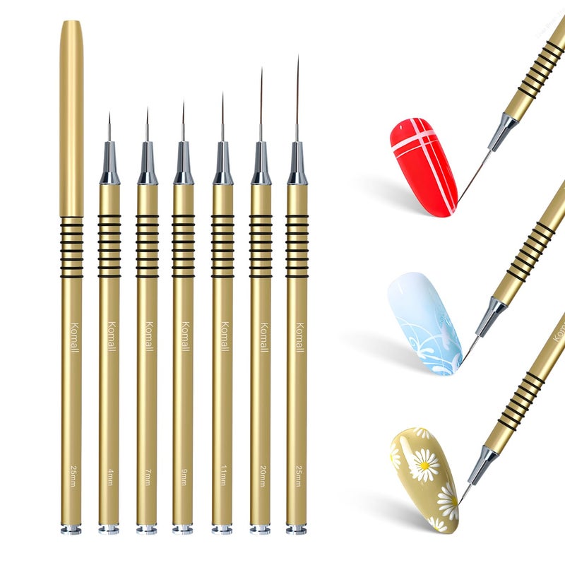 Komall Metallic Nail Art Brushes, 6Pcs Non Slip Liner Brush Set, UV Gel Polish Painting Art Design Pen for Long Lines, Thin Details, Fine Drawing Sizes 5/7/9/11/20/25mm(Gold) - Image 2
